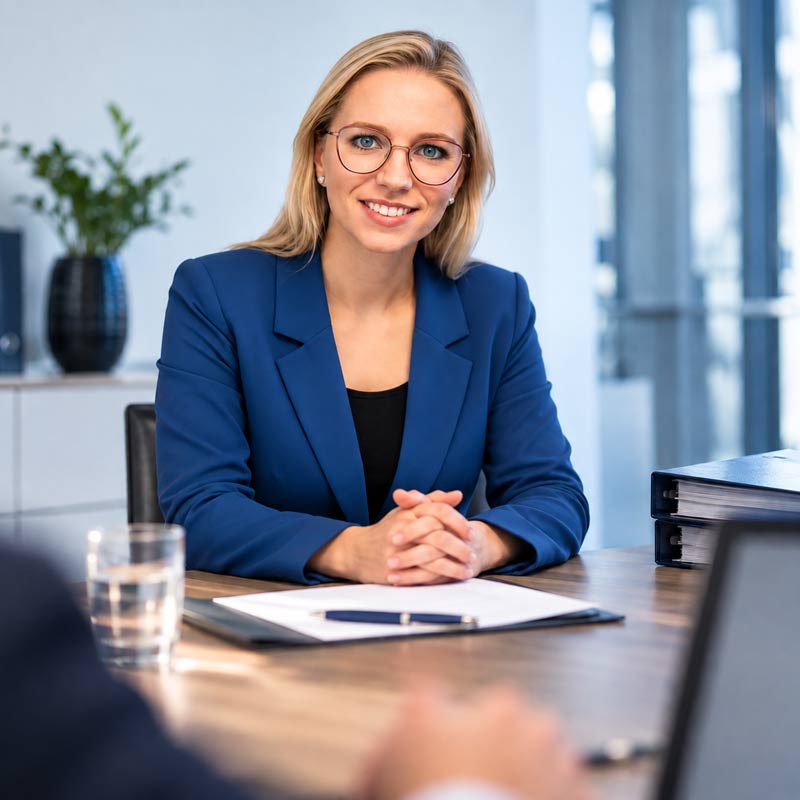 Jennifer Frenken, Steuerberaterin (LL.M.), sitzt lächelnd im blauen Blazer am Besprechungstisch
