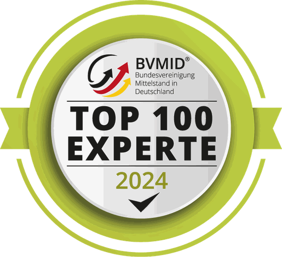 Siegel Top 100 Experte 2024 der Bundesvereinigung Mittelstand in Deutschland (BVMID) für Jennifer Frenken